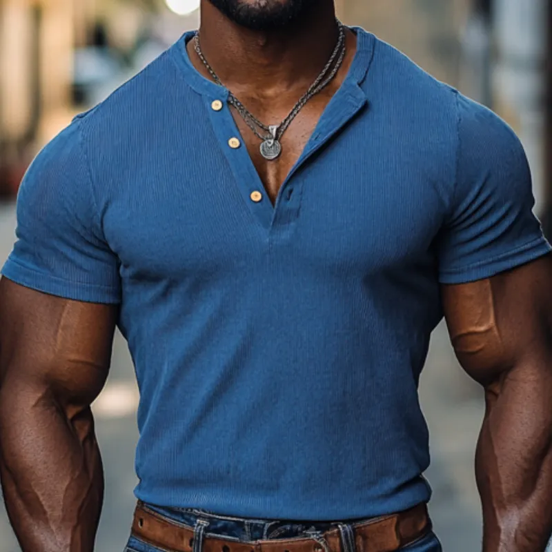 Men's Casual Cotton Elastic Rib Henley Collar Slim Fit Short Sleeve T-Shirt MTA2232C5M sold by Manly product image thumbnail 3