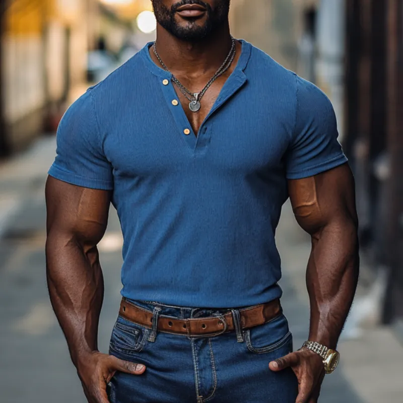 Men's Casual Cotton Elastic Rib Henley Collar Slim Fit Short Sleeve T-Shirt MTA2232C5M sold by Manly product image thumbnail 2