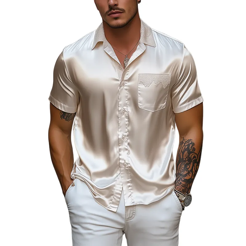 Men's Spring and Summer Fashion Pocket Lace Stitching Satin Short Sleeve Shirt MTA2201C9K sold by Manly
