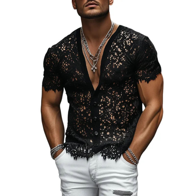 Men's Fashion Sexy Slightly Transparent Black Lace Short-sleeved Shirt MTA2277C1K sold by Manly