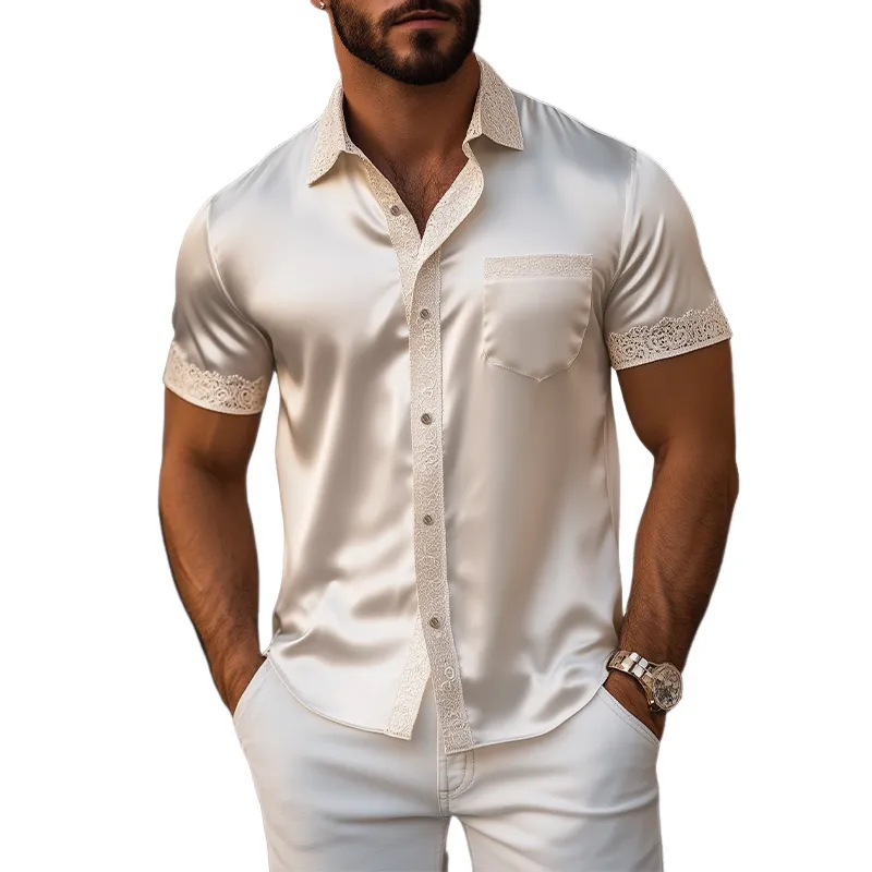 Men's Spring and Summer Fashionable Sexy Lace Stitching Satin Short-sleeved Shirt MTA2225C5K sold by Manly
