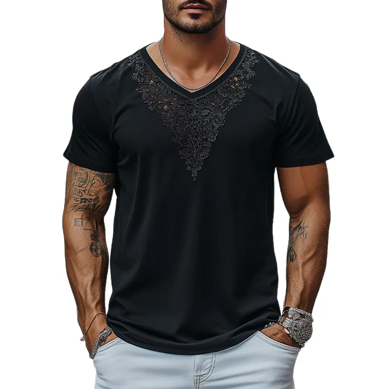 Men's Fashion Casual Lace V-neck Cotton Short-sleeved T-shirt MTA2227C8K sold by Manly