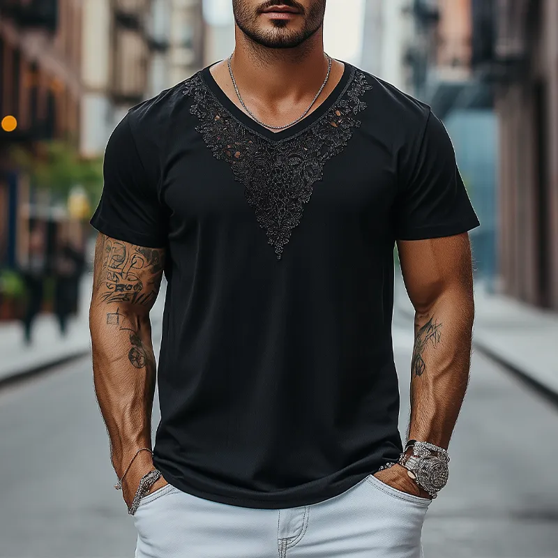 Men's Fashion Casual Lace V-neck Cotton Short-sleeved T-shirt MTA2227C8K sold by Manly product image thumbnail 2