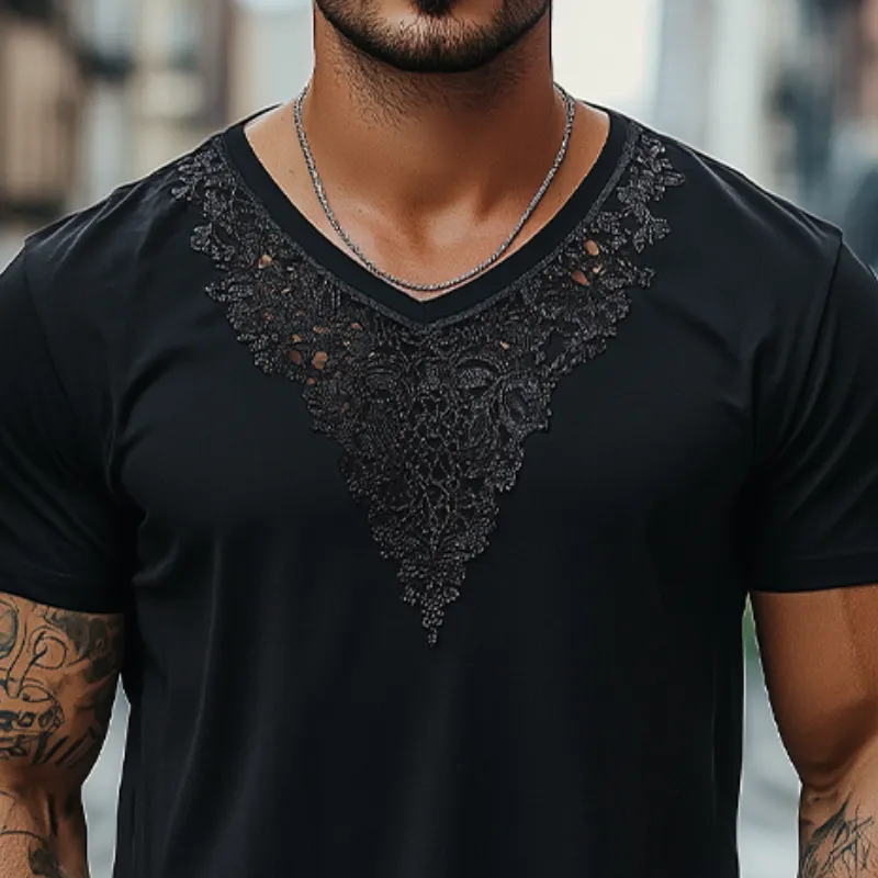 Men's Fashion Casual Lace V-neck Cotton Short-sleeved T-shirt MTA2227C8K sold by Manly product image thumbnail 4