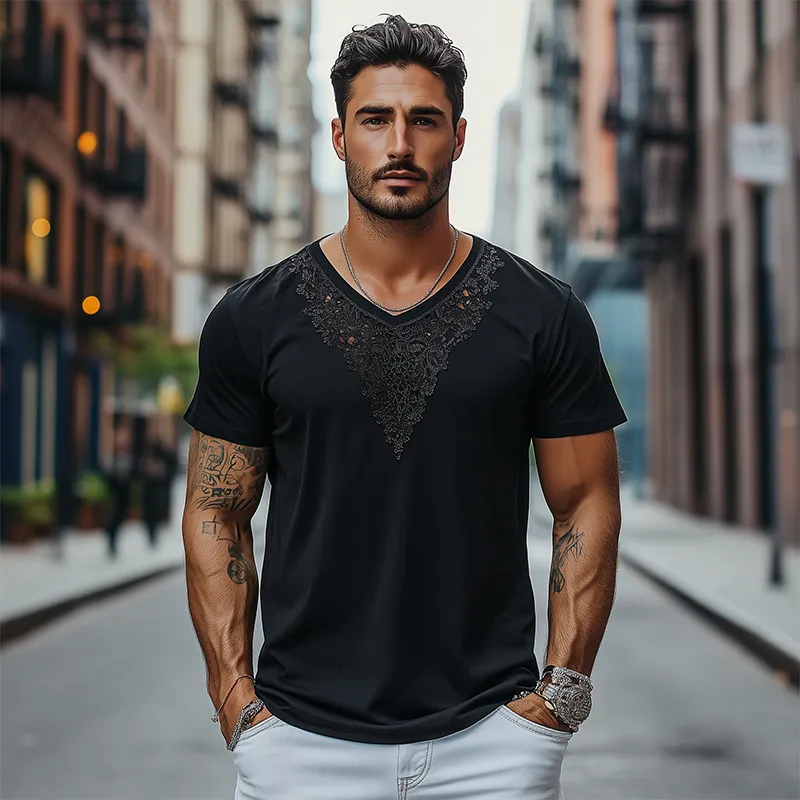 Men's Fashion Casual Lace V-neck Cotton Short-sleeved T-shirt MTA2227C8K sold by Manly product image thumbnail 3