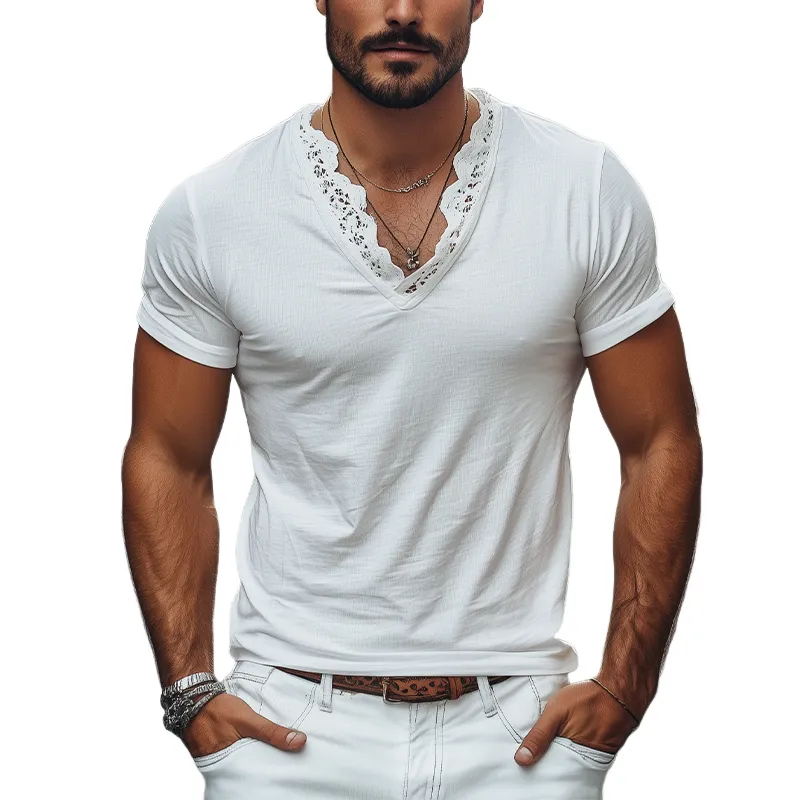Men's Spring and Summer Fashionable V-neck Lace Stitching Cotton Short-sleeved T-shirt MTA2200C3K sold by Manly