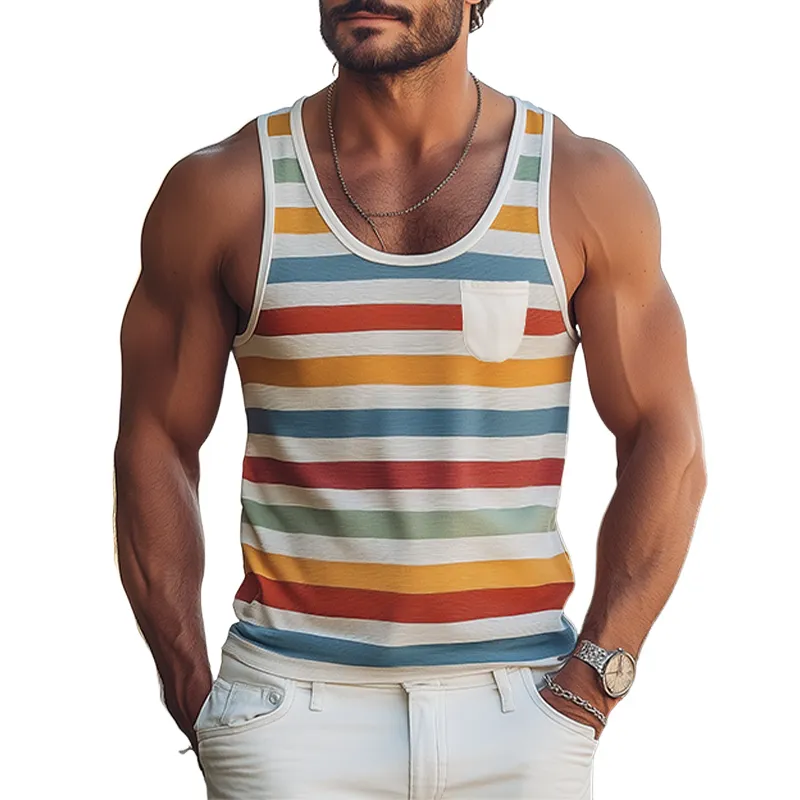 Men's Spring and Summer Fashion Casual Contrast Stripe Printed Tank Top MTA2217C0K sold by Manly