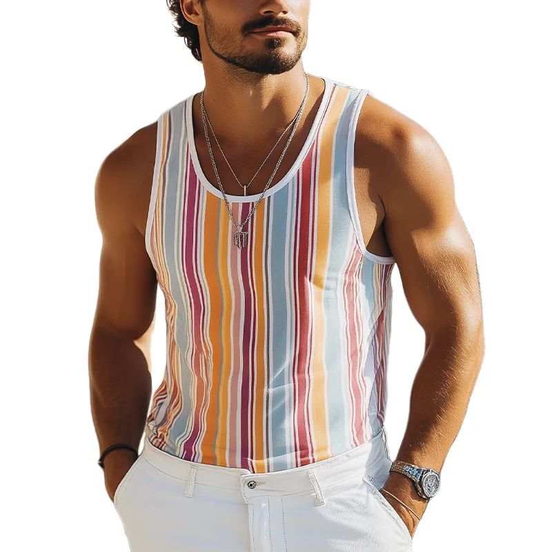 Men's Summer Fashion Casual Contrast Vertical Stripes Printed Tank Top MTA2224C3K sold by Manly