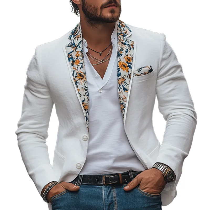 Men's Retro Fashion Collar Print Single Breasted Cotton and Linen Blazer MTA2259C5K sold by Manly