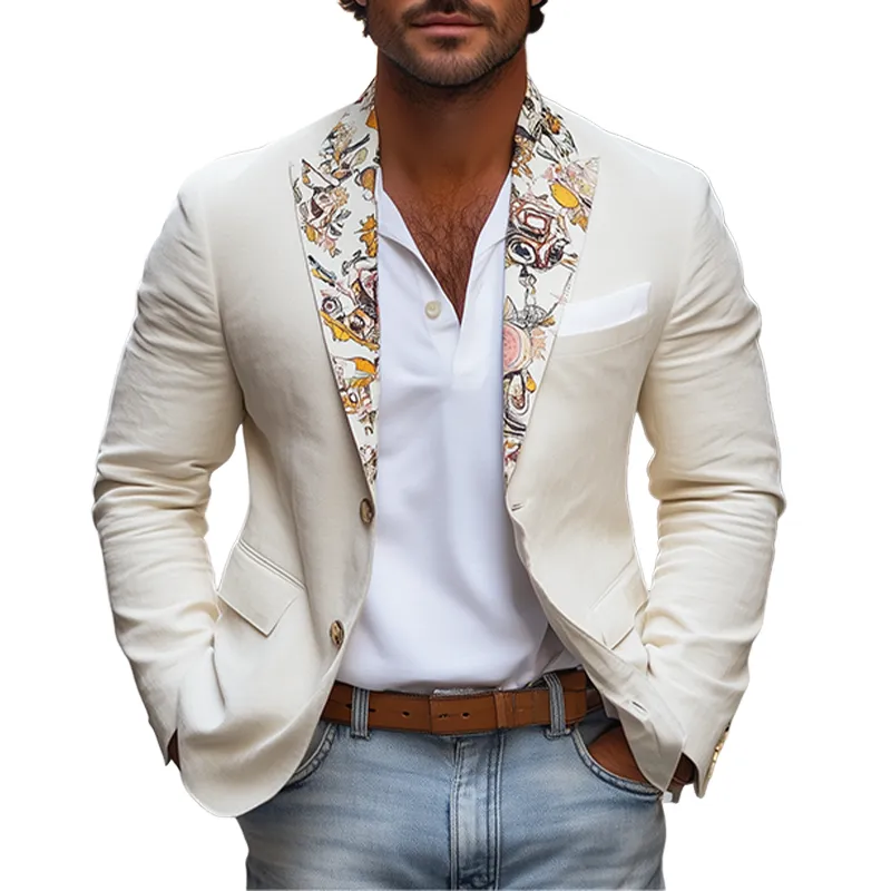 Men's Retro Fashion Collar Art Print Slim Fit Cotton and Linen Blazer MTA2205C9K sold by Manly