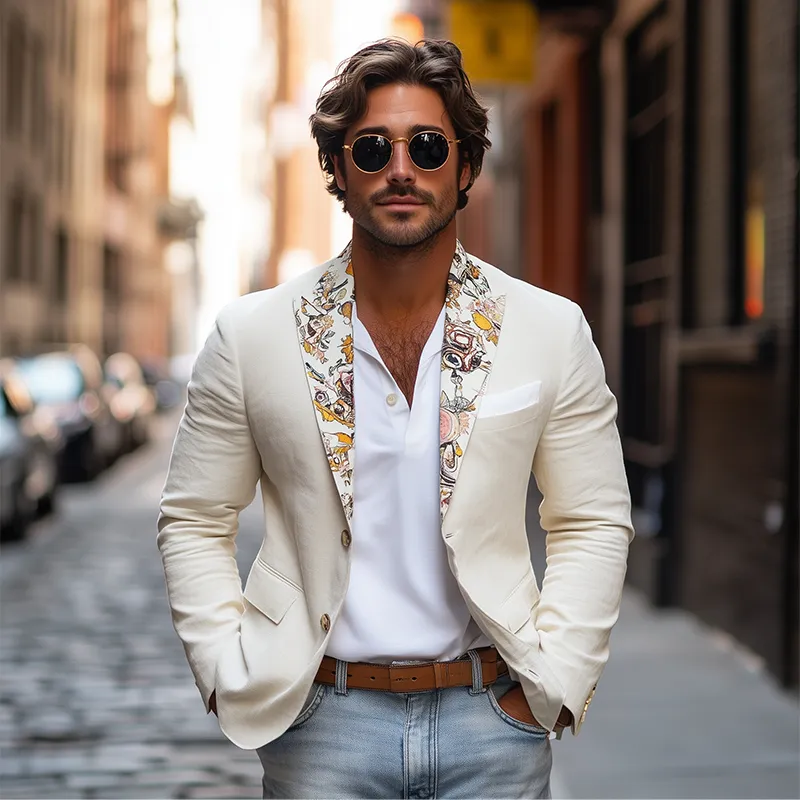 Men's Retro Fashion Collar Art Print Slim Fit Cotton and Linen Blazer MTA2205C9K sold by Manly product image thumbnail 3