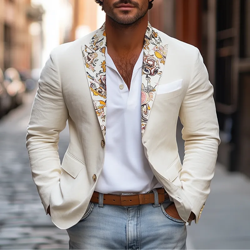 Men's Retro Fashion Collar Art Print Slim Fit Cotton and Linen Blazer MTA2205C9K sold by Manly product image thumbnail 2