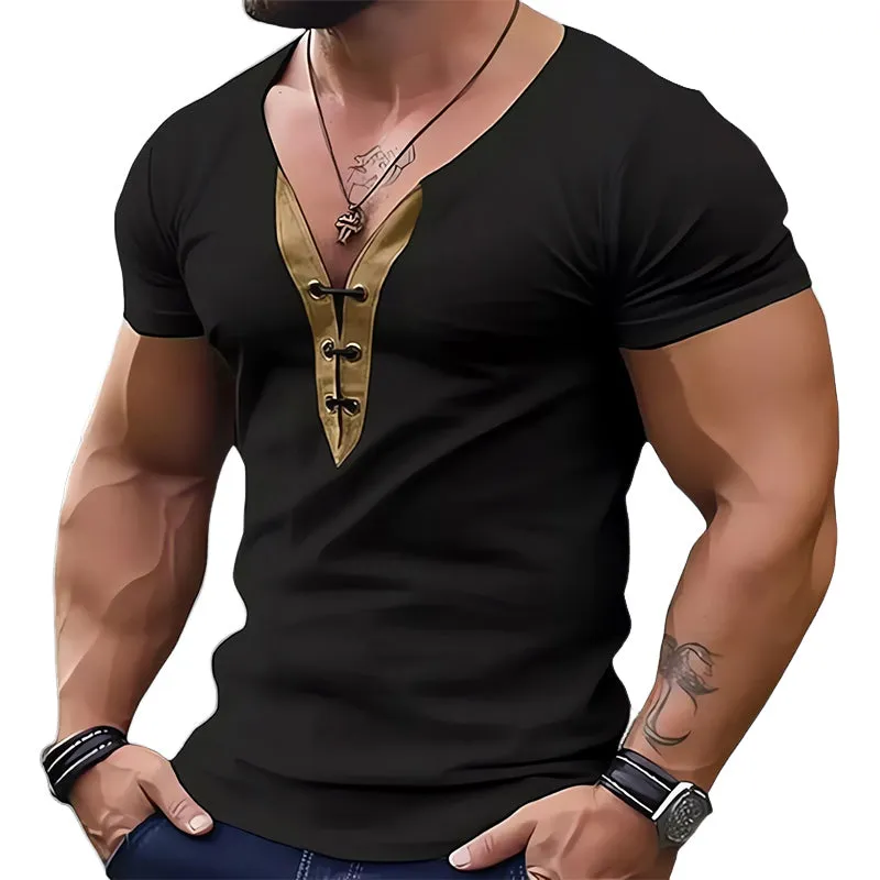 Men's Leather Collar Patchwork V-Neck Slim Fit Short Sleeve T-Shirt MTA2258C3U sold by Manly