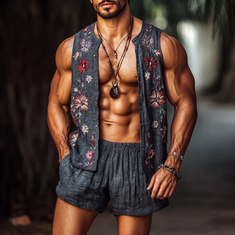 Men's Casual Linen Flower Embroidery Loose Vest Elastic Waist Shorts Set MTA2297C1M sold by Manly product image thumbnail 2