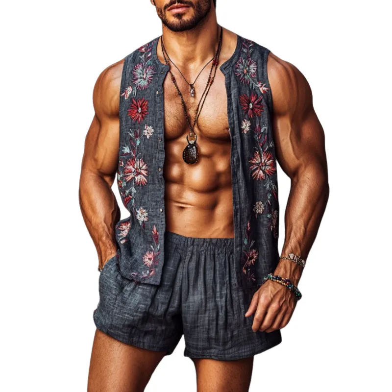 Men's Casual Linen Flower Embroidery Loose Vest Elastic Waist Shorts Set MTA2297C1M sold by Manly