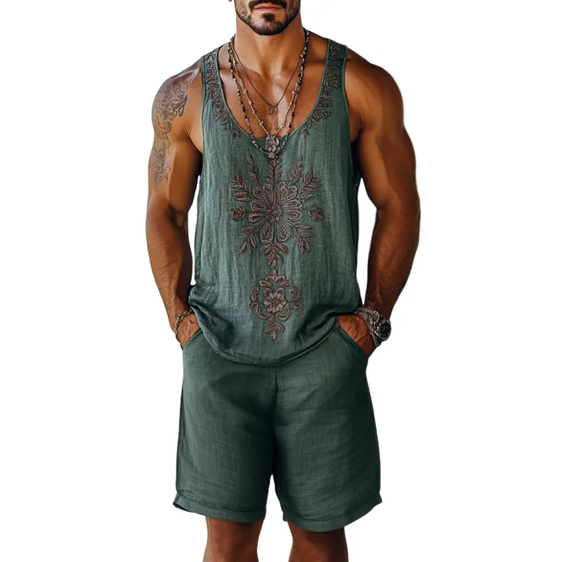 Men's Casual Linen Flower Embroidery U-Neck Loose Tank Top Elastic Waist Shorts Set MTA2285C9M sold by Manly