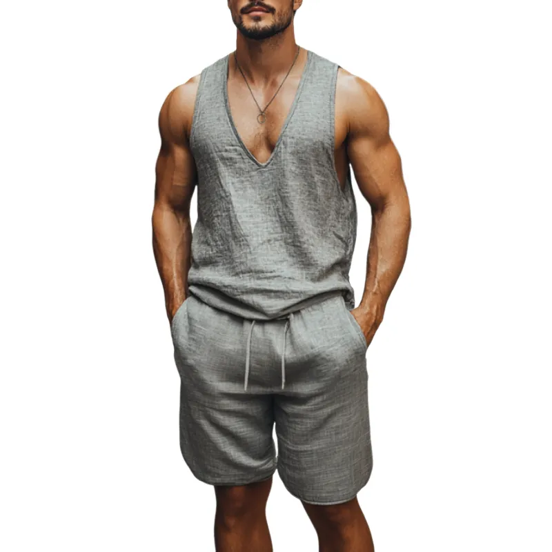 Men's Casual Linen V-neck Loose Tank Top Elastic Waist Shorts Set MTA2263C0M sold by Manly product image thumbnail 4