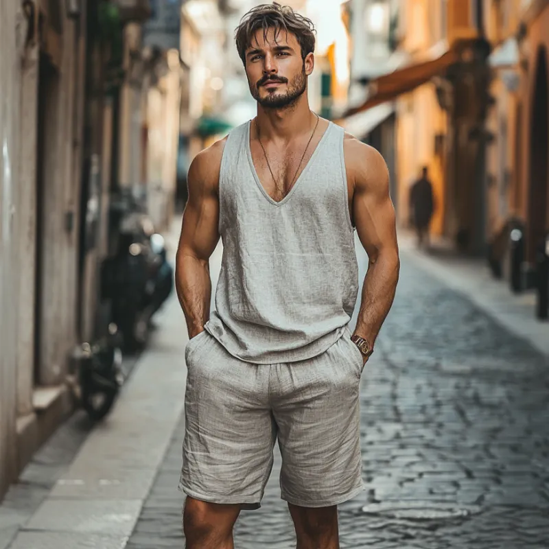 Men's Casual Linen V-neck Loose Tank Top Elastic Waist Shorts Set MTA2263C0M sold by Manly product image thumbnail 3