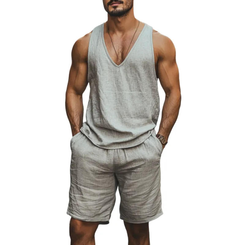 Men's Casual Linen V-neck Loose Tank Top Elastic Waist Shorts Set MTA2263C0M sold by Manly