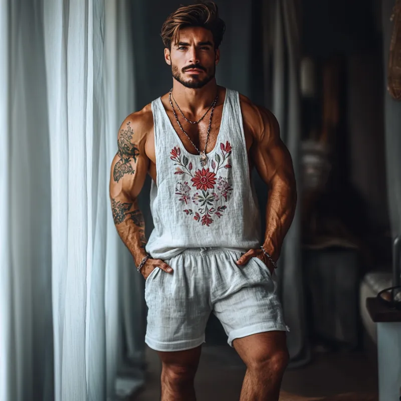 Men's Casual Linen Flower Embroidery U-Neck Loose Tank Top Elastic Waist Shorts Set MTA2258C4M sold by Manly product image thumbnail 3
