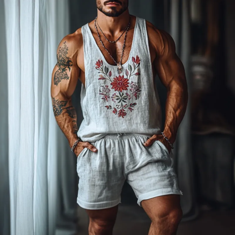 Men's Casual Linen Flower Embroidery U-Neck Loose Tank Top Elastic Waist Shorts Set MTA2258C4M sold by Manly product image thumbnail 2