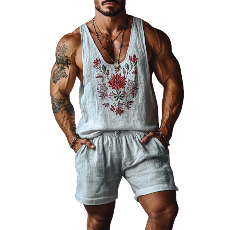 Men's Casual Linen Flower Embroidery U-Neck Loose Tank Top Elastic Waist Shorts Set MTA2258C4M sold by Manly