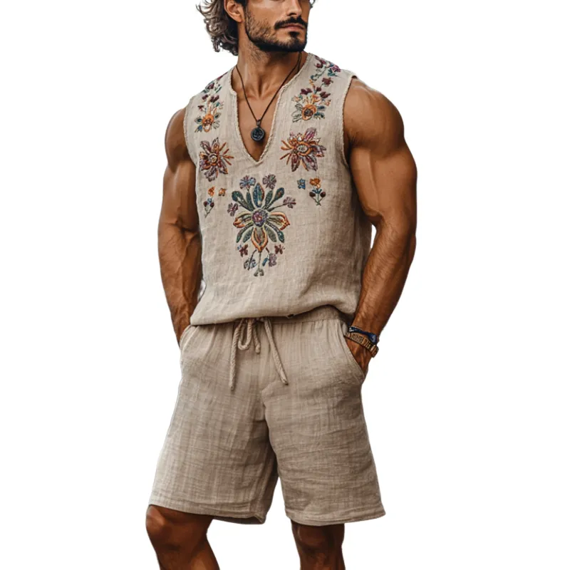 Men's Casual Linen Flower Embroidery V-Neck Loose Tank Top Elastic Waist Shorts Set MTA2204C1M sold by Manly