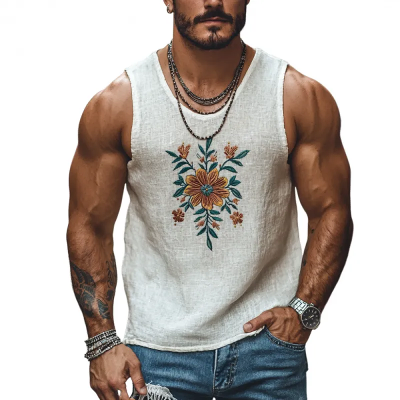 Men's Casual U-Neck Linen Floral Embroidered Slim Fit Tank Top MTA2194C9M sold by Manly