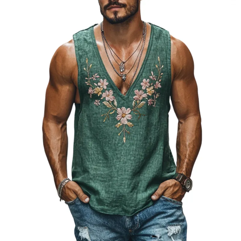 Men's Casual Deep V Neck Linen Flower Embroidered Slim Fit Tank Top MTA2193C5M sold by Manly