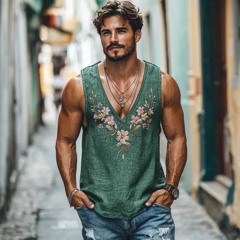 Men's Casual Deep V Neck Linen Flower Embroidered Slim Fit Tank Top MTA2193C5M sold by Manly product image thumbnail 3