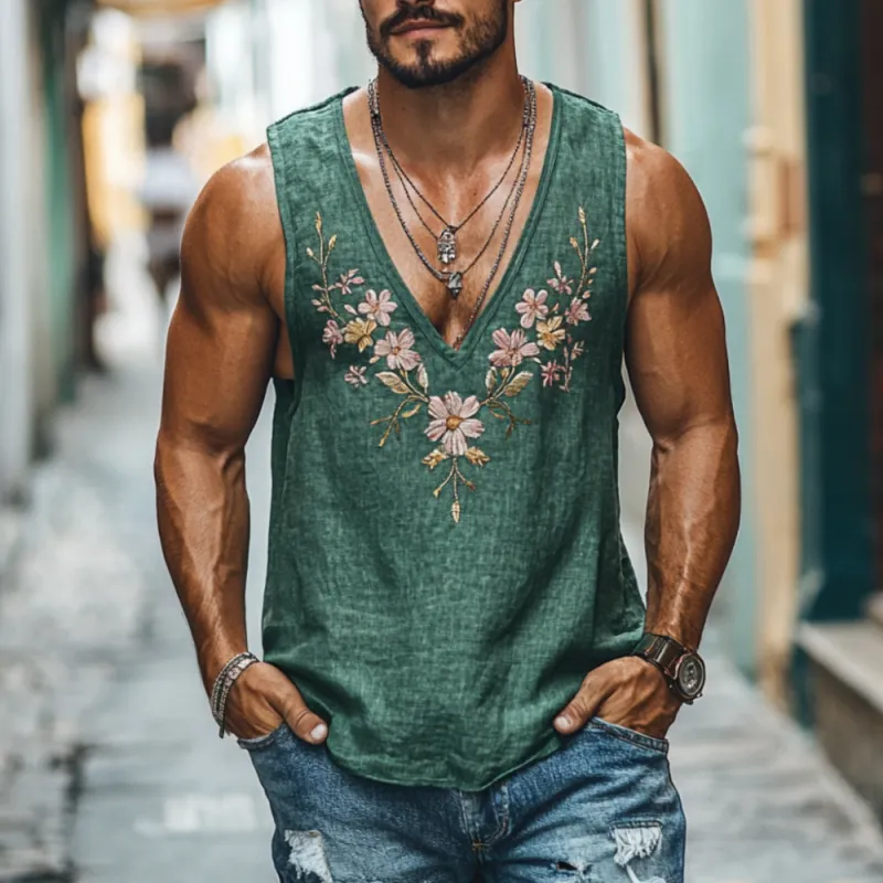 Men's Casual Deep V Neck Linen Flower Embroidered Slim Fit Tank Top MTA2193C5M sold by Manly product image thumbnail 2