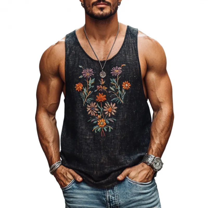 Men's Casual Round Neck Linen Floral Embroidered Slim Fit Tank Top MTA2123C4M sold by Manly