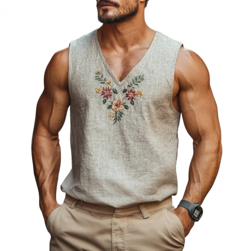 Men's Casual V-Neck Linen Floral Embroidered Slim Fit Tank Top MTA2184C0M sold by Manly