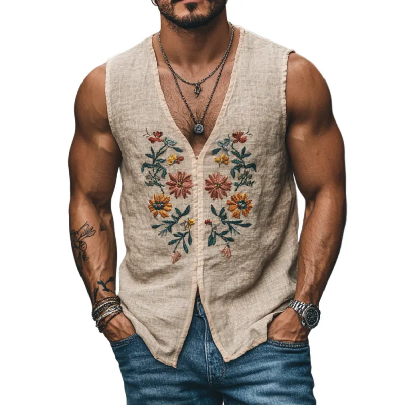Men's Casual V-Neck Linen Floral Embroidered Slim Fit Tank Top MTA2179C1M sold by Manly