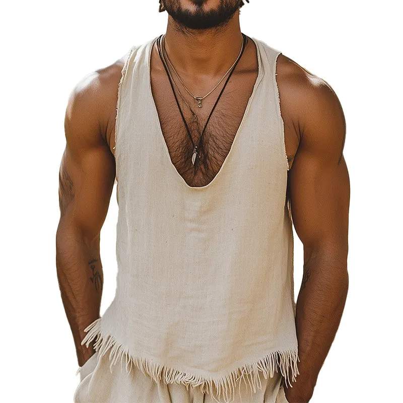 Men's Simple Tassel V-Neck Tank Top MTA2189C3P sold by Manly