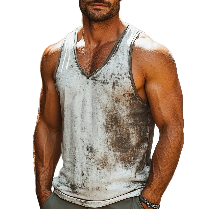 Men's Skin-friendly Breathable V-neck Retro Printed Tank Top MTA2405C8U sold by Manly
