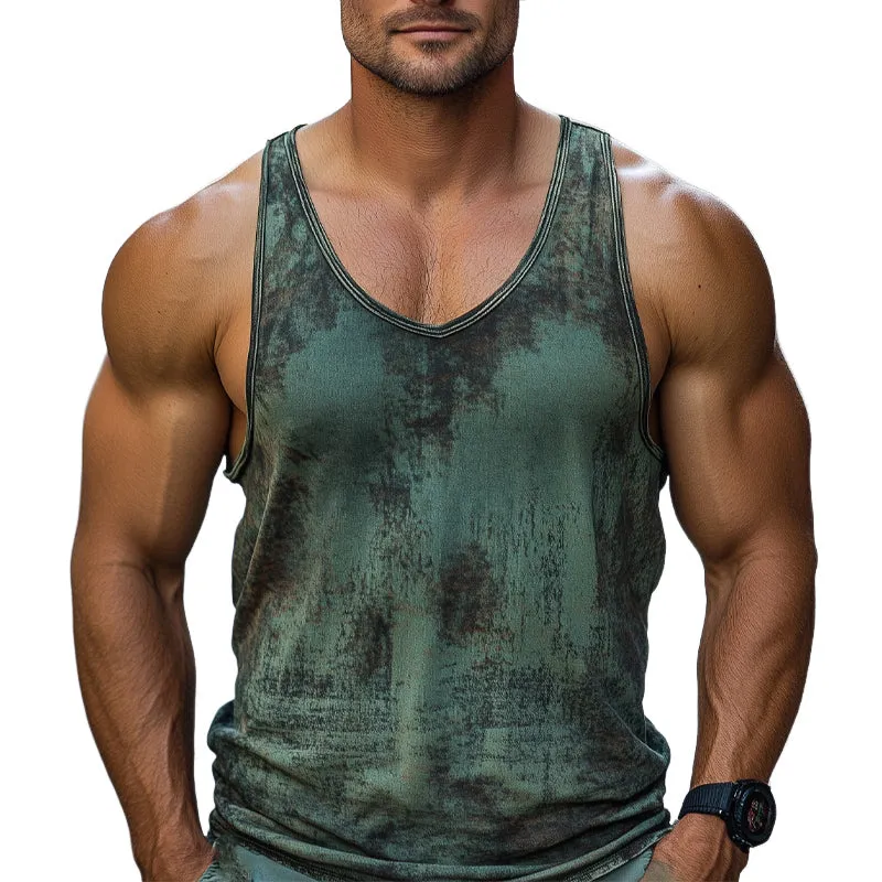 Men's Skin-friendly Breathable V-neck Retro Dark Green Printed Tank Top MTA2433C6U sold by Manly