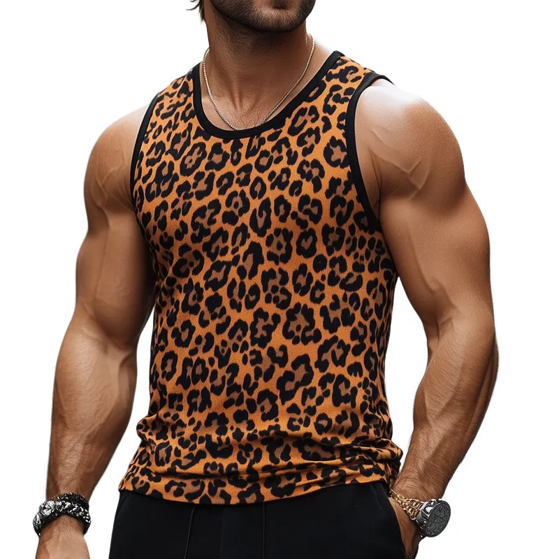 Men's Skin-friendly Breathable V-neck Retro Leopard Print Tank ToP MTA2401C6U sold by Manly