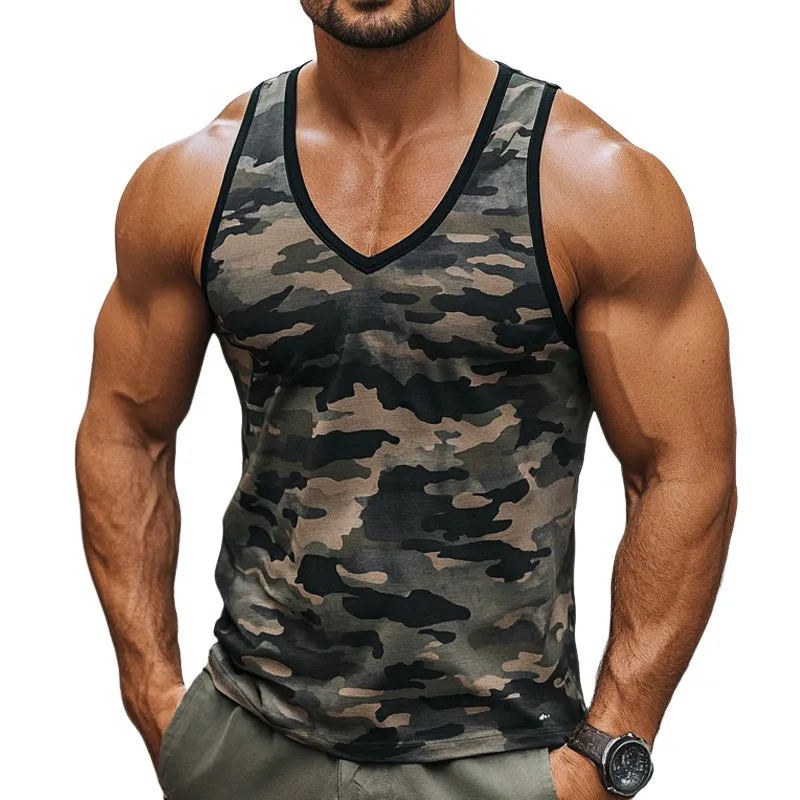 Men's Skin-friendly Breathable V-neck Retro Camouflage Print Tank Top MTA2422C1U sold by Manly
