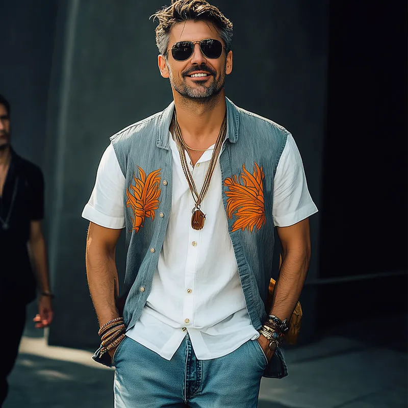 Men's Summer Washed Denim Colorblock Embroidered Vest MTA2276C6U sold by Manly product image thumbnail 3