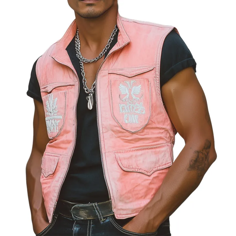 Men's Fresh Pink Faded Denim Embroidered Vest MTA2209C3U sold by Manly product image thumbnail 3