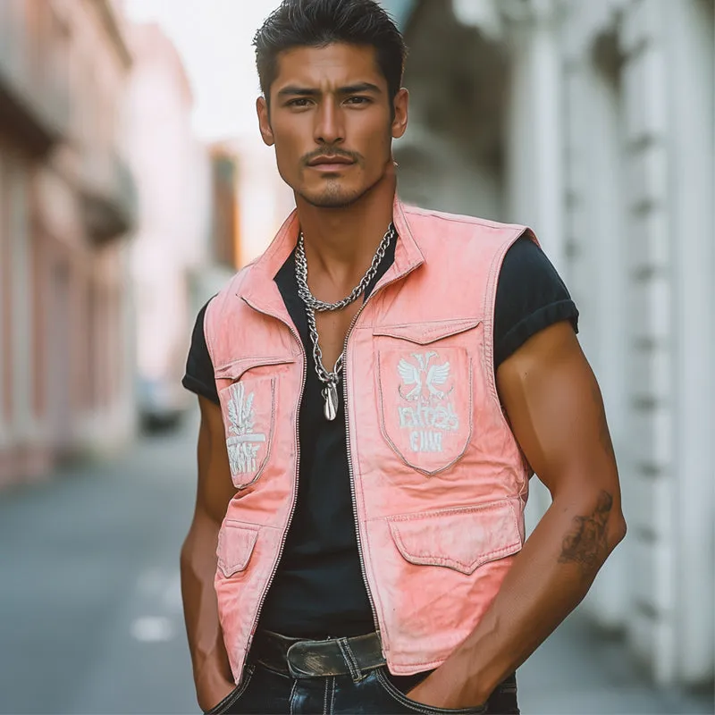 Men's Fresh Pink Faded Denim Embroidered Vest MTA2209C3U sold by Manly product image thumbnail 5