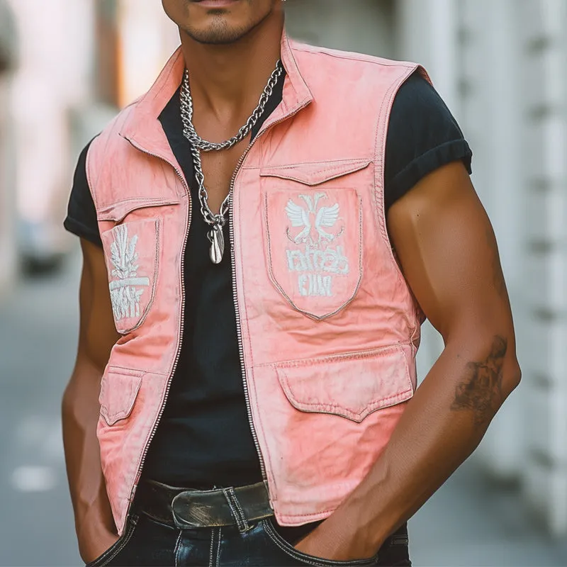 Men's Fresh Pink Faded Denim Embroidered Vest MTA2209C3U sold by Manly