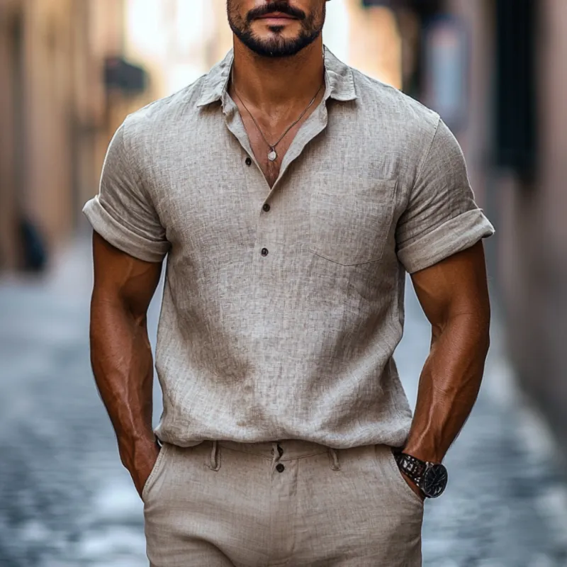 Men's Casual Linen Lapel Patch Pocket Pullover Short Sleeve Shirt MTA2150C6M sold by Manly product image thumbnail 2