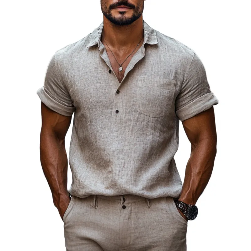 Men's Casual Linen Lapel Patch Pocket Pullover Short Sleeve Shirt MTA2150C6M sold by Manly
