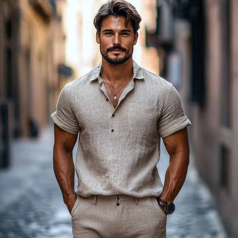 Men's Casual Linen Lapel Patch Pocket Pullover Short Sleeve Shirt MTA2150C6M sold by Manly product image thumbnail 3