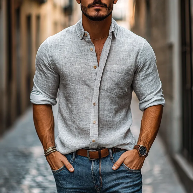 Men's Casual Linen Lapel Slim Fit Patch Pocket Long Sleeve Shirt MTA2110C6M sold by Manly product image thumbnail 2