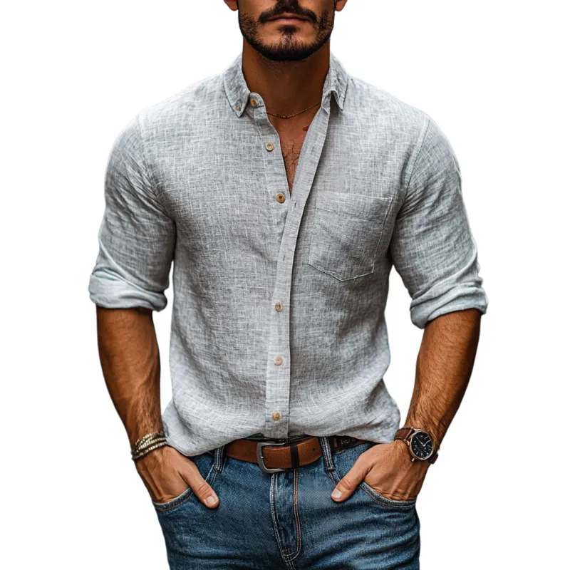 Men's Casual Linen Lapel Slim Fit Patch Pocket Long Sleeve Shirt MTA2110C6M sold by Manly