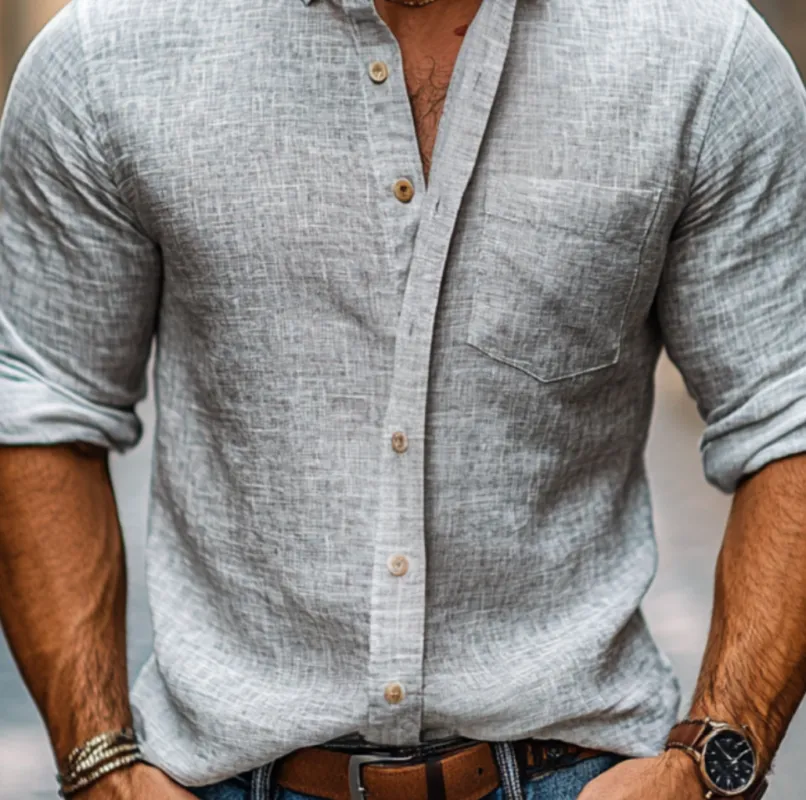 Men's Casual Linen Lapel Slim Fit Patch Pocket Long Sleeve Shirt MTA2110C6M sold by Manly product image thumbnail 3