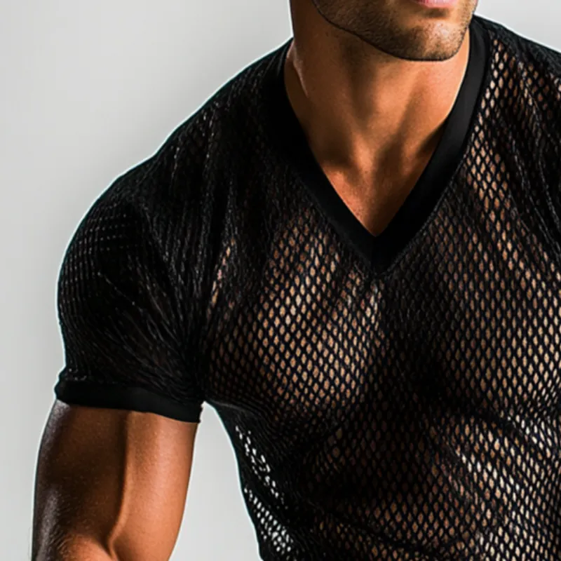 Men's Retro Casual Solid Color Mesh Cool V-neck Short Sleeve T-shirt MTA2433C7TO sold by Manly product image thumbnail 3
